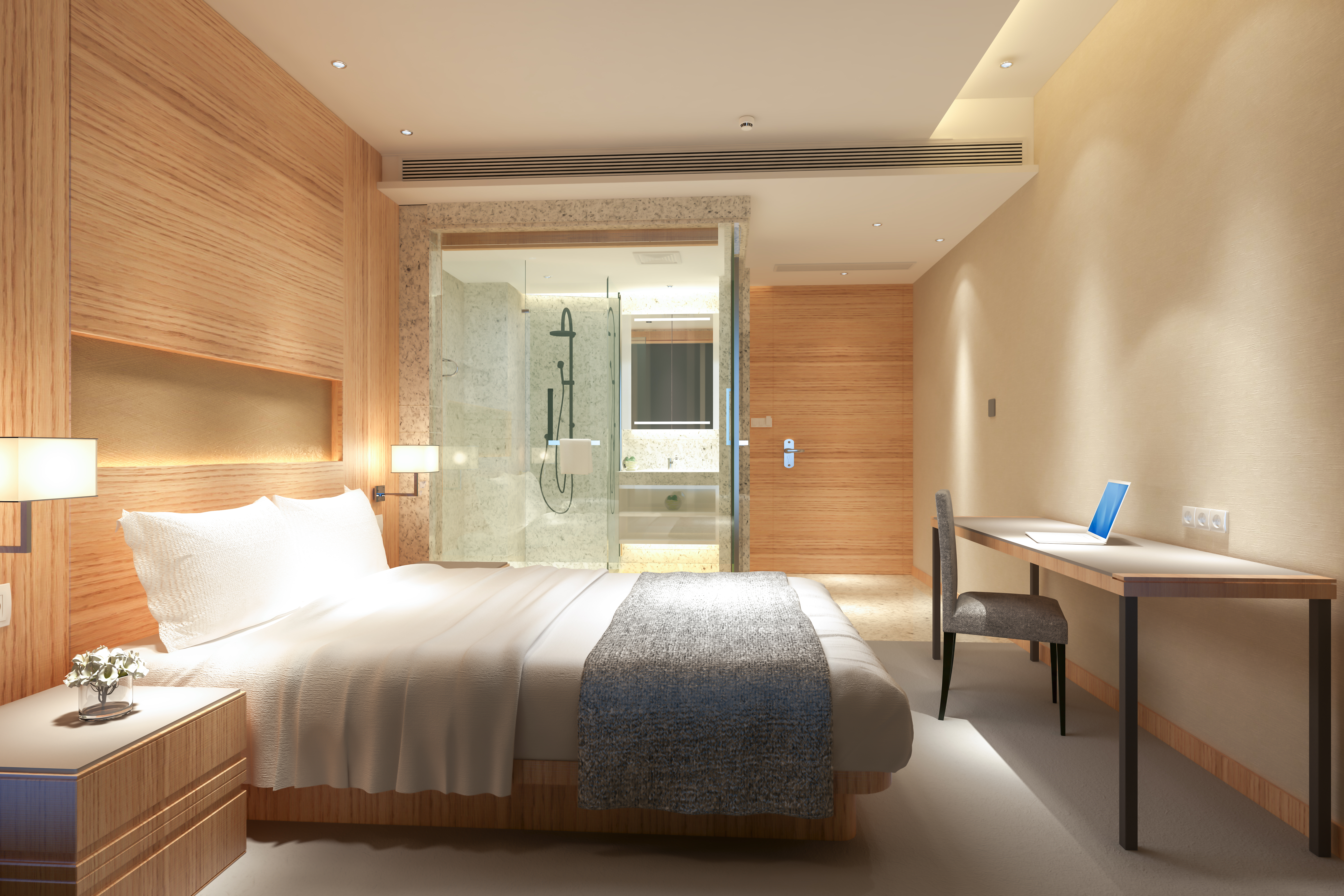 Hotelzimmer hell, beleuchtet