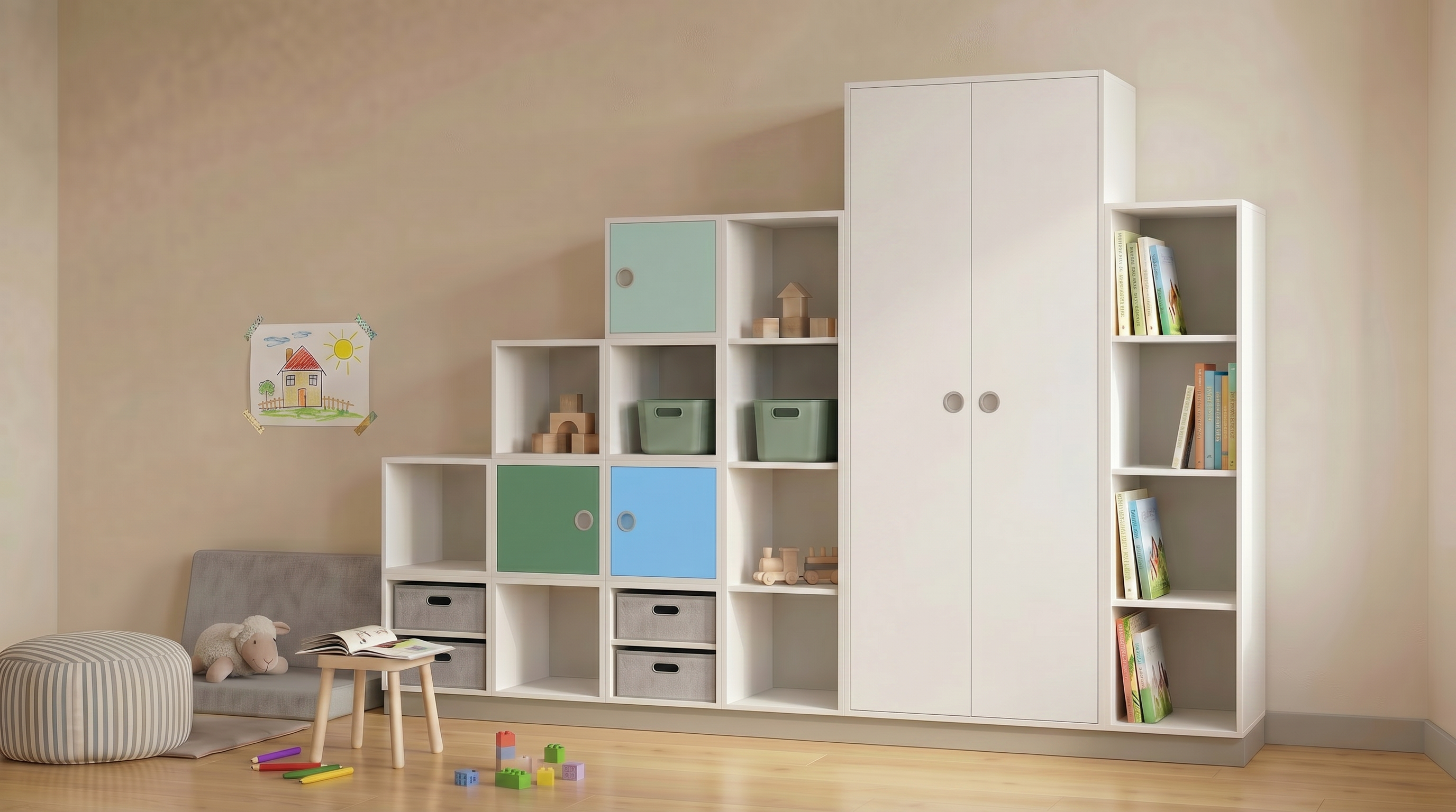 Kindergarten Möbel, Wand, Weiß, blau, grün. Schule